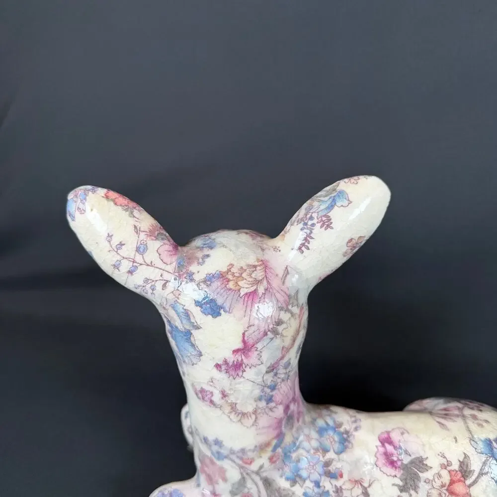Floral Decoupage Lying Deer Figurine Ceramic Sculpture h8